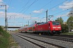 Ausfahrt am 18.04.2015 von 146 201 mit einer RB (Neuenburg (Baden) - Freiburg (Brsg) Hbf) aus dem Bahnhof von Müllheim (Baden) in Richtung Buggingen.