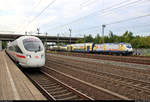 Während zwei 411 als unbekannter ICE den Bahnhof Hamburg-Harburg abweichend auf Gleis 5 in südlicher Richtung verlassen, durchfährt 146 517-8, mit Werbung für cambio CarSharing,