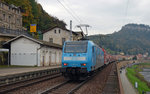 146 013 verlässt mit einer S1 nach Meißen Triebischtal am 15.10.16 den Haltepunkt Königstein.