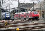 Während 648 395 und 648 368 (Alstom Coradia LINT 41) von Transdev Sachsen-Anhalt (HarzElbeExpress) als HEX80539 (HEX 24) von Halberstadt in Halle(Saale)Hbf einfahren, verlässt 146 024 der