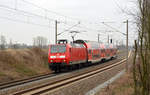 146 015 passiert mit dem RE Halle - Magdeburg am 02.03.19 die Blockstelle Ostermark zwischen Köthen und Wulfen.