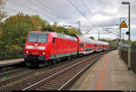 146 018-7 der Elbe-Saale-Bahn (DB Regio Südost) als RE 16359 (RE8) von Magdeburg Hbf nach Halle(Saale)Hbf, ersatzweise für den RE30 wegen der Bauarbeiten im Bahnhof Köthen im Zeitraum