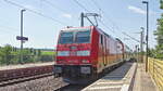 Ausfahrt 146 205 in Richtung Leipzig aus den Bahnhof Dahlen (Sach) mit einem RB (RB 50) am 24. Juni 2023.