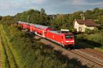 Ausfahrt von 146 231-6 am 22.08.2014 als RE (Offenburg - Basel Bad Bf) aus Müllheim (Baden) zum nächsten Halt in Auggen.