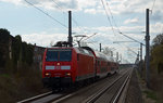 146 015 erreicht mit einer RB von Halle(S) nach Wittenberg am 06.04.16 den Haltepunkt Brehna.