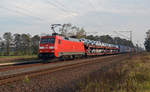Am 04.11.17 führte 152 097 diesen Autologistikzug durch Jütrichau Richtung Magdeburg.
