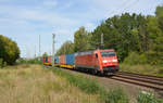 152 093 führte am 15.09.19 einen China-Containerzug durch Muldenstein Richtung Bitterfeld.