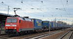 DB Cargo AG [D] mit  152 125-1  [NVR-Nummer: 91 80 6152 125-1 D-DB] und Taschenwagenzug Richtung Rostock am 15.01.20 Bf. Flughafen Berlin Schönefeld.