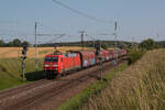 152 130-1 mit einem gemischten Güterzug aus dem Rostocker Seehafen auf dem Weg in Richtung Neustrelitz. Fotografiert am 14.06.2025 in Subzin-Liessow. 