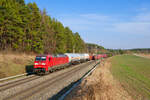 152 096 DB Cargo mit einem gemischten G�terzug bei Hagenb�chach Richtung W�rzburg, 20.03.2022