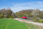 152 014 DB Cargo mit einem leeren Containerzug bei Steinach b. Rothenburg Richtung Ansbach, 22.04.2022