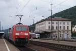 152 113-7 mit LKW-Walter Zug in Gemnden am 18.07.2008