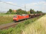 152 190-5 mit einem Ganzzug Schttgutwagen am Stadtrand von Magdeburg, die Fahrt ging Richtung Braunschweig. Fotografiert am 29.07.2009.