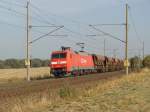 Die erste 152er :-) 152 001-4 unterwegs mit einem Ganzzug Schttgutwagen in Richtung Braunschweig. Fotografiert unterhalb der Autobahnbrcke der A14 zwischen Magdeburg und Niederndodeleben am 21.09.2009.