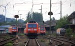 Im Vordergrund sieht man 185 057-7 DB, rechts daneben weiter hinten steht 185 281-3 von Railion und auf der Linken ist 152 023-8 DB in Aachen-West bei schner Abendstimmung am 18.7.2012.