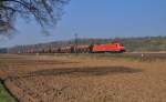 152 056 mit einem Mischer auf der KBS 750 in Richtung Ulm.Aufgenommen bei Ebersbach an der Fils am 8.3.2014