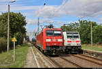 Zwei auf einen Streich:  Gemischter Gz mit 152 088-1 DB durchfährt den Bahnhof Güterglück auf der Bahnstrecke Biederitz–Trebnitz (KBS 254) Richtung Trebnitz.