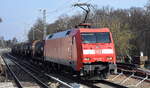 DB Cargo AG [D] mit ihrer  152 033-7  [NVR-Nummer: 91 80 6152 033-7 D-DB] und einem Kesselwagenzug (geschmolzenes Schwefel) am 16.02.23 Berlin Buch.