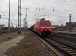 Am 12.03.2012 fuhr 152 021 mit einem leeren Kalizug in Richtung Magdeburg durch Stendal.