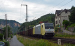 152 196 der ITL führte am 12.06.16 einen Hochbordwagenzug durch Stadt Wehlen Richtung Dresden.