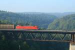 182 021 fhrt mit ein Gterzug auf der Brcke bei Beratzhausen.21.09.07