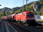 182 017 DB/Railion schiebt die S1 aud dem Bahnhof Rathen in Richtung Meien.
1.10.11