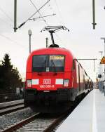 Am 19.02.2012 , 16:15 Uhr schiebt  182 020-8 den Zug der Linie S1  nach  Meien  Triebischtal, nachdem sie am neuen Interimshaltepunkt    Radebeu Weintraube kurz gehalten hat.