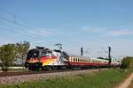 Am Morgen des 29.04.2018 fuhr MRCE/LM ES 64 U2-060 (182 560-3)  25 Jahre Deutsche Wiedervereinigung  mit dem AKE-Rheingold (Berlin - Domodossola) bei Hügelheim durchs Rheintal in Richtung Schweizer Grenze.