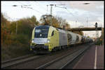 Siemens Dispo Taurus ES 64 U2-014 erreicht hier am 1.11.2005 auf der Fahrt in Richtung Ruhrgebiet den Bahnhof Hasbergen.