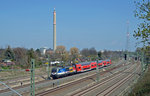 182 016 passiert mit ihrer S2 aus Delitzsch kommend am 09.04.16 das Gleisvorfeld des Bahnhofs Leipzig-Connewitz. Connewitz ist sogleich auch Wendebahnhof für die aus Norden ankommende Linie S2.