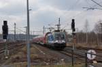 Die VVO-Werbelok 182 016 mit der S1 bei Einfahrt in Pirna; 16.03.2015  