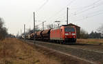 185 197 schleppte am 17.02.18 einen gemischten Güterzug durch Brehna Richtung Bitterfeld.