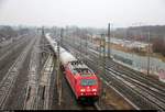 185 365-4 DB als Kesselzug passiert den Abzweig Thüringen (At) Richtung Süden. Aufgenommen von der Brücke Dieselstraße, Halle (Saale). [28.3.2018 | 8:58 Uhr]