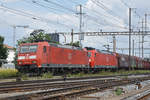 Doppeltraktion, mit den DB Loks 185 131-0 und 185 088-2, durchfährt den Bahnhof Pratteln. Die Aufnahme stammt vom 15.07.2019.