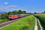 185 243 mit einem Stahlzug am 25.07.2019 bei Langenisarhofen. 