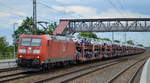 DB Cargo AG [D] mit  185 082-5  [NVR-Nummer: 91 80 6185 082-5 D-DB] und PKW-Transportzug am 09.06.20 Bf. Saarmund.