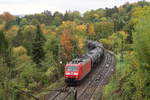 Direkt von oberhalb des Süd-Portals des Schnarrenbergtunnels fällt der Blick auf einen durch herbstliche Kleingärten Richtung Kornwestheim fahrenden Kesselwagen-Ganzzug. Zuglok ist 185 161-7 der DB. 🕓 12.10.2020 | 13:46 Uhr