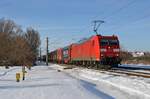 185 076 schleppte am 14.02.21 einen gemischten Güterzug zum Rbf Halle(S).
