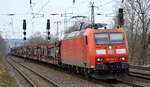 DB Cargo AG [D] mit  185 181-5  [NVR-Nummer: 91 80 6185 181-5 D-DB] und einem Leerzug PKW-Transportzug am 26.03.21 Durchfahrt Bf. Saarmund.