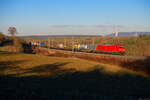 185 382 DB Cargo mit einem KLV-Zug bei Marktbreit Richtung Ansbach, 21.12.2021