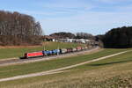 185 212 mit einem gemischten Güterzug aus Salzburg kommend. Aufgenommen am 28. Februar 2026 bei Axdorf im Chiemgau.