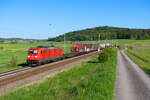 185 230 DB Cargo mit einem gemischten G�terzug bei Oberdachstetten Richtung Ansbach, 14.05.2022