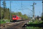 185 304 verlsst zur Vormittagszeit des 03.05.08 mit FR 52748 den Goldshfer Bahnhof in Richtung Aalen, das Fahrtziel ist Kornwestheim Rbf. Am 03.05.08 und 04.05.08 erfolgte eine Streckensperrung auf der Murrbahn, sodass der gesamte Durchgangsverkehr ber Remsbahn - Aalen - Obere Jagsttelbahn umgeleitet wurde.