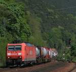 Vor der Kulisse des Pflzer Waldes ist 185 020 am 10.05.08 mit einem kurzen Containerzug in Richtung Kaiserslautern bei Lambrecht unterwegs.