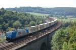 Br 185 523-8 mit ihrem Bierzug vom Warstein nach Mnchen am 3.07.09 auf dem Bekeviadukt.