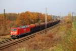 185 270 zieht einen Ganzzug aus Getreidewagen am 31.10.09 bei Kriechau in Richtung Weienfels.