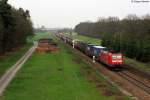 185 134-4 mit einem Containerzug Richtung Sden. Aufgenommen am 06.04.2012 bei Graben-Neudorf.