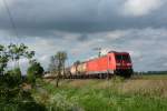 Die 185 364-7 fuhr am 11.05.2012 mit einem Kesselwagenzug richtung Osnabrck, hier kurz hinter Leer.
