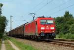 185 323-0 hat am 16.07.11 einen Papierzug aus Padborg am Haken und passiert gerade Jagel Richtung Neumnster.