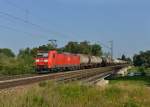 185 042 mit einem Kesselzug am 14.07.2013 auf der Isarbrcke bei Plattling.